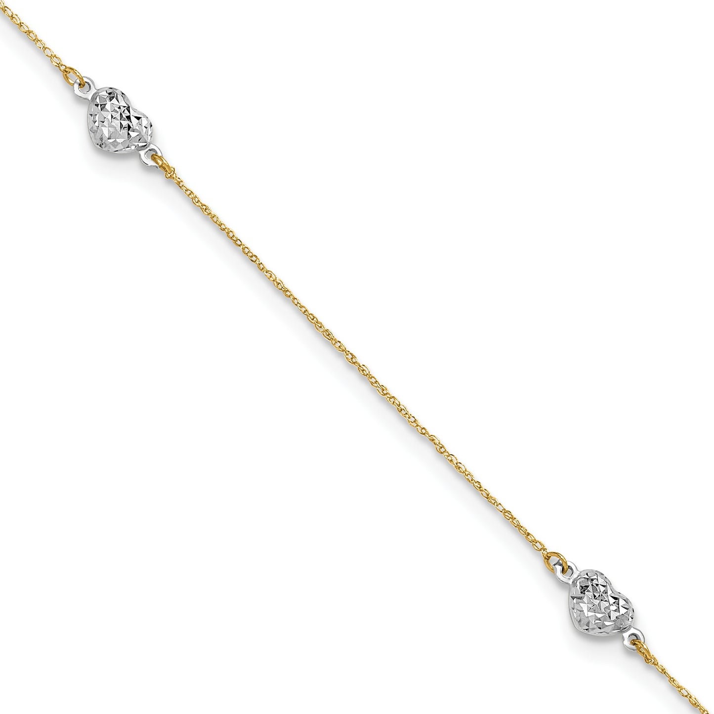 14k Two-tone Diamond-cut Triple Puffed Hearts 10 inch Plus 1 inch Extender - Total 11 inch Anklet