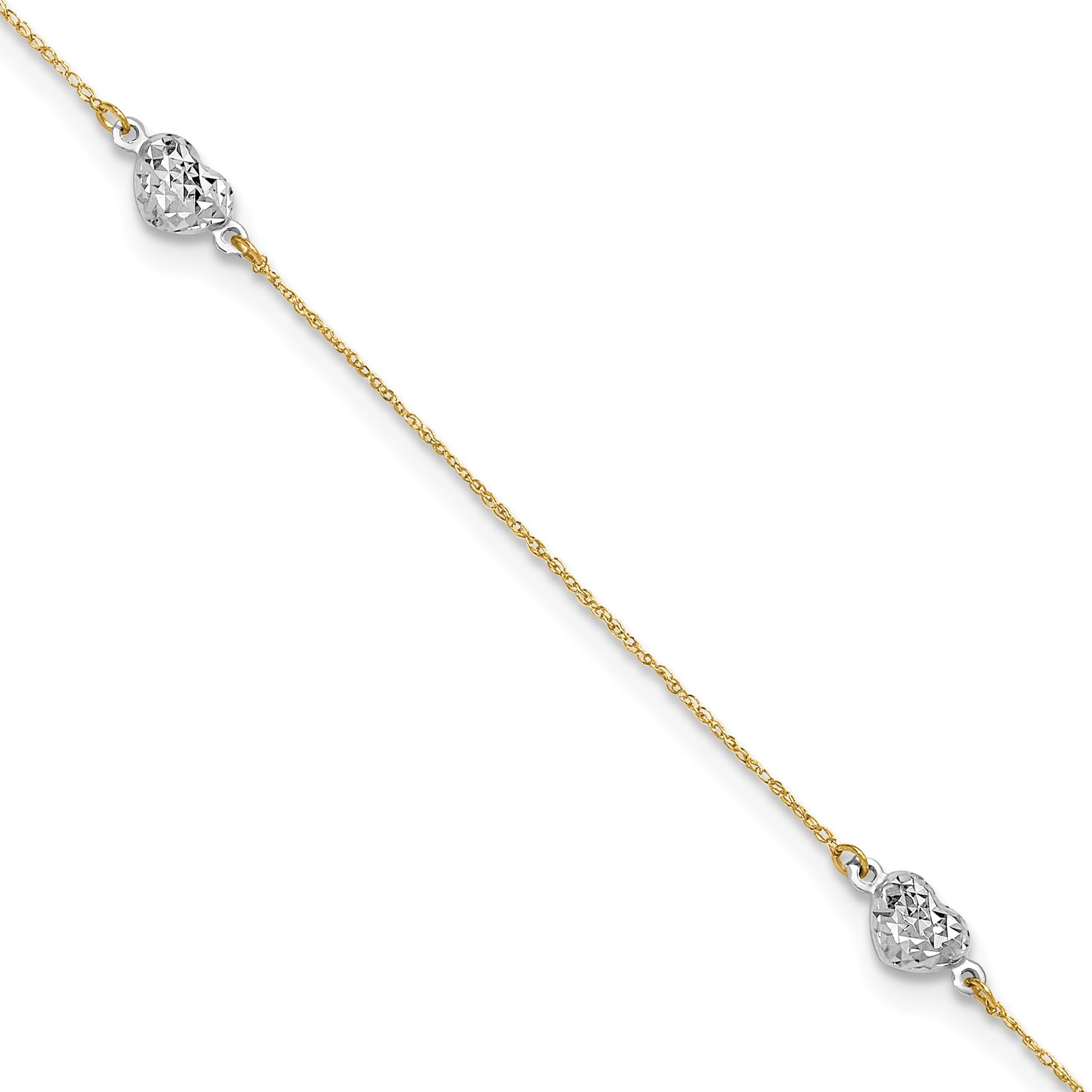 14k Two-tone Diamond-cut Triple Puffed Hearts 10 inch Plus 1 inch Extender - Total 11 inch Anklet