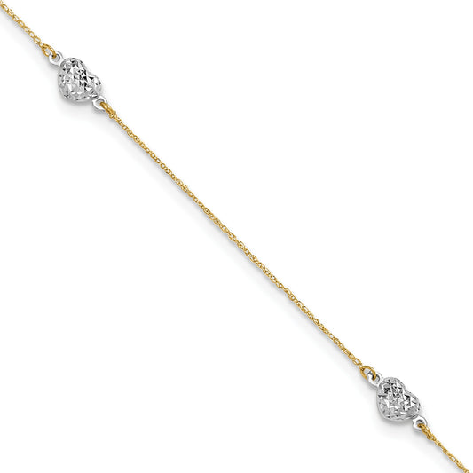 14k Two-tone Diamond-cut Triple Puffed Hearts 10 inch Plus 1 inch Extender - Total 11 inch Anklet