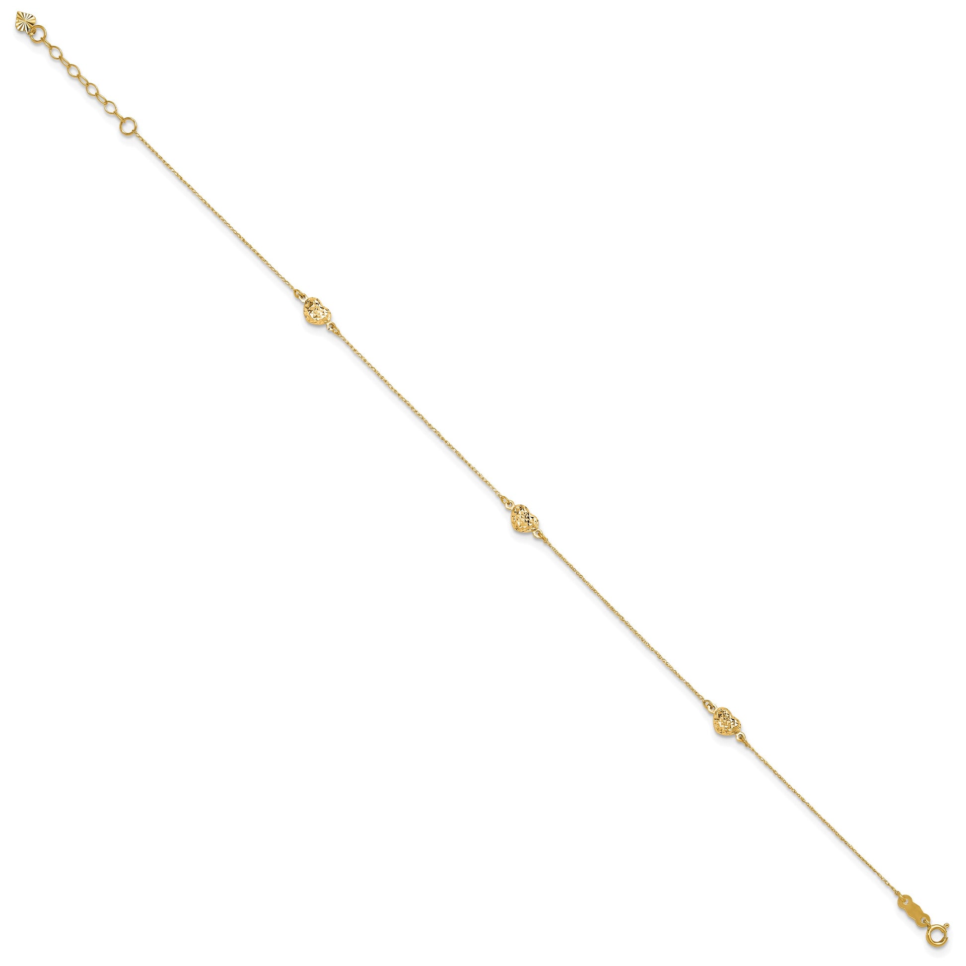 14k Polished Diamond-cut Triple Puffed Hearts 9 inch Plus 1 inch Extender - Total 10 inch Anklet