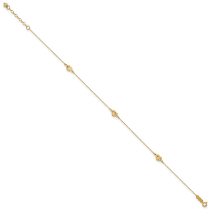 14k Polished Diamond-cut Triple Puffed Hearts 9 inch Plus 1 inch Extender - Total 10 inch Anklet