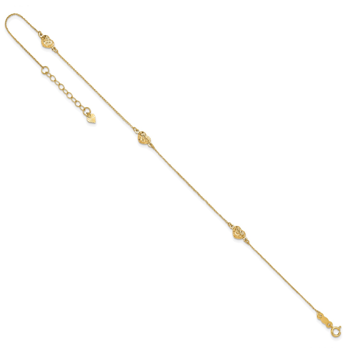 14k Polished Diamond-cut Triple Puffed Hearts 9 inch Plus 1 inch Extender - Total 10 inch Anklet
