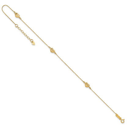 14k Polished Diamond-cut Triple Puffed Hearts 9 inch Plus 1 inch Extender - Total 10 inch Anklet