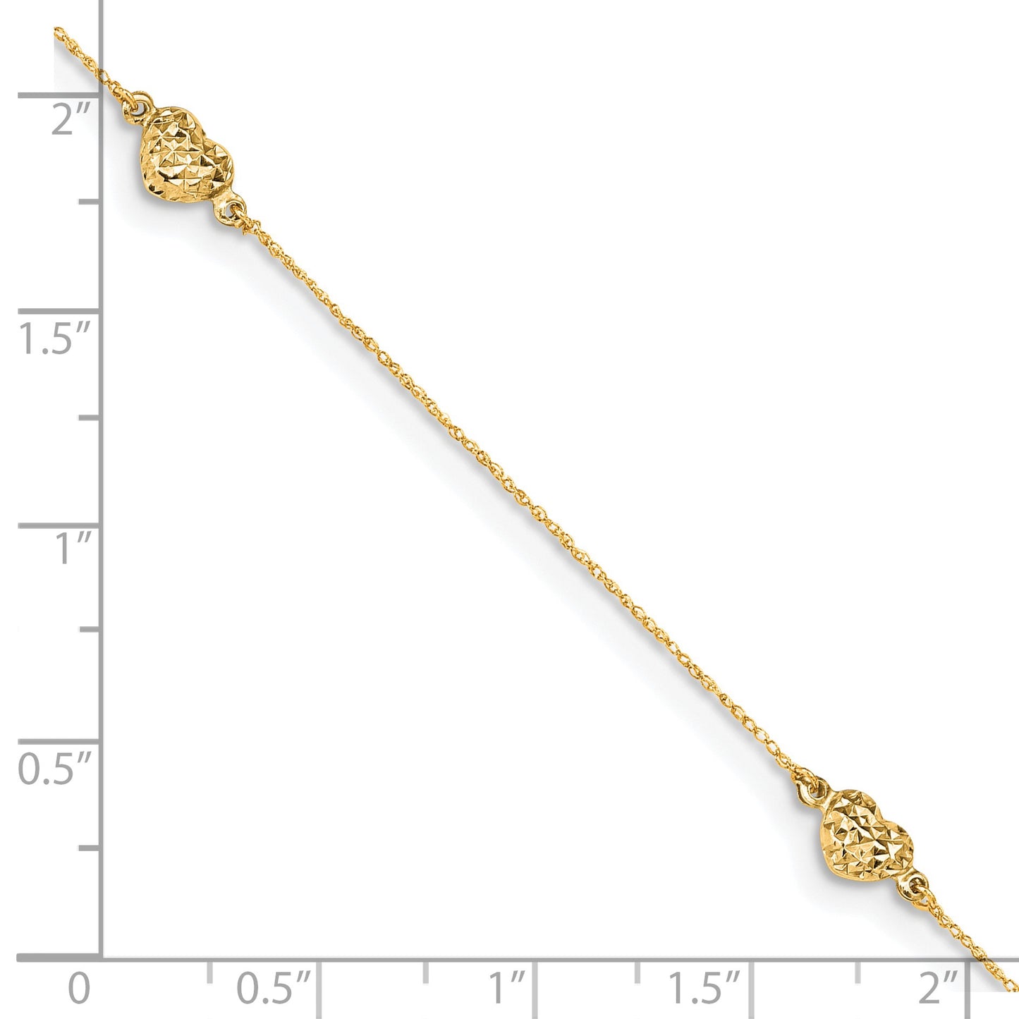 14k Polished Diamond-cut Triple Puffed Hearts 9 inch Plus 1 inch Extender - Total 10 inch Anklet