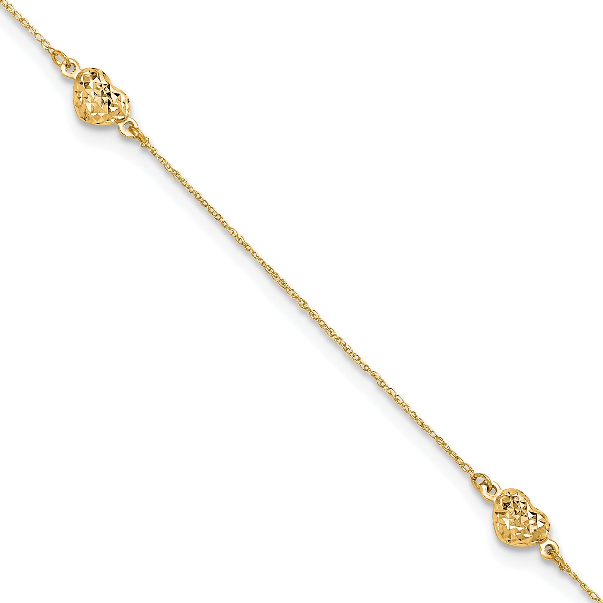 14k Polished Diamond-cut Triple Puffed Hearts 9 inch Plus 1 inch Extender - Total 10 inch Anklet