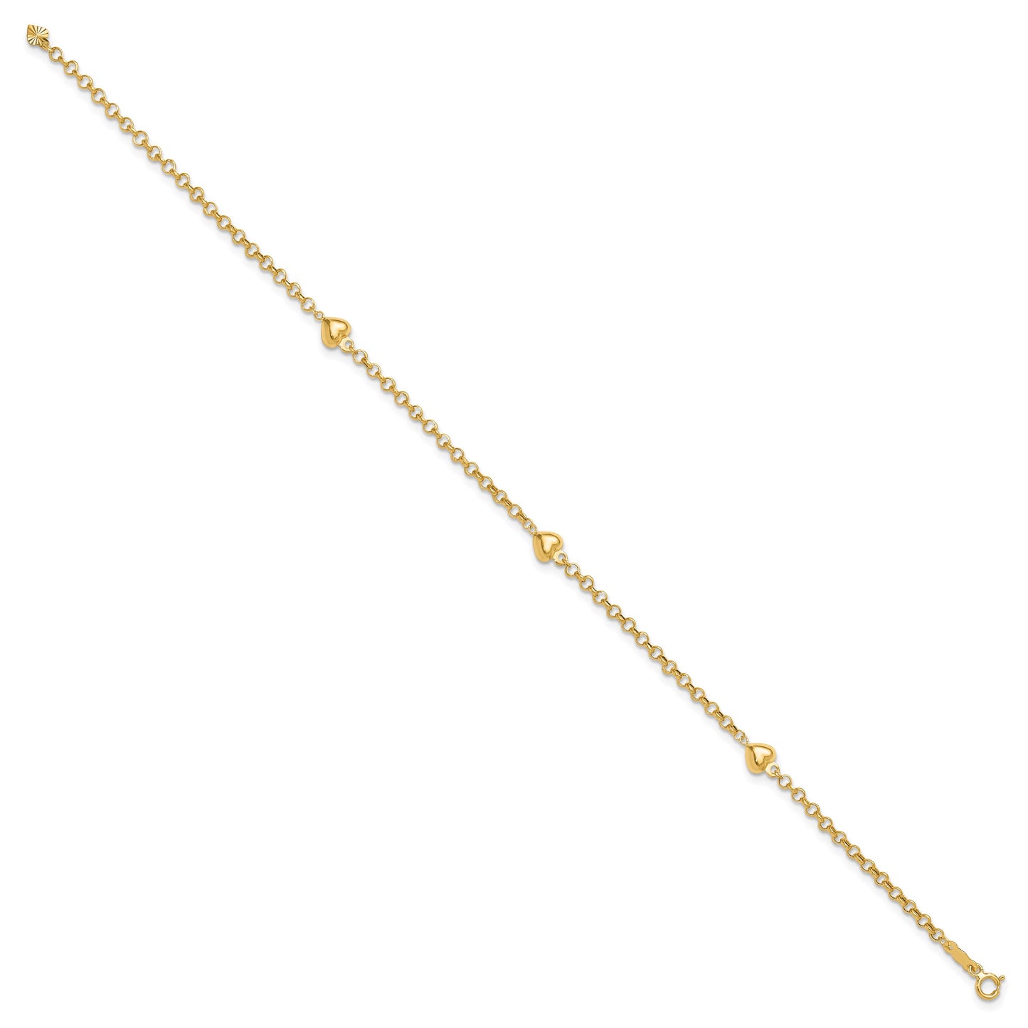 14k Polished Puffed Heart 3-Station 9 inch Anklet