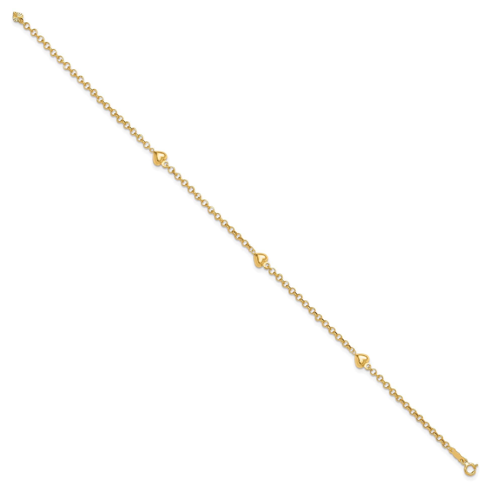 14k Polished Puffed Heart 3-Station 9 inch Anklet