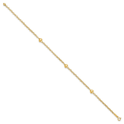 14k Polished Puffed Heart 3-Station 9 inch Anklet