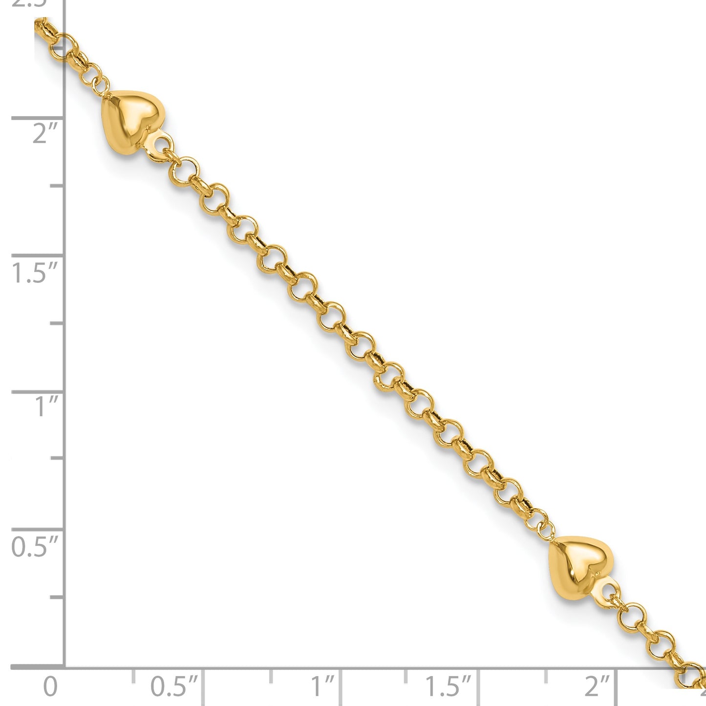 14k Polished Puffed Heart 3-Station 10 inch Anklet