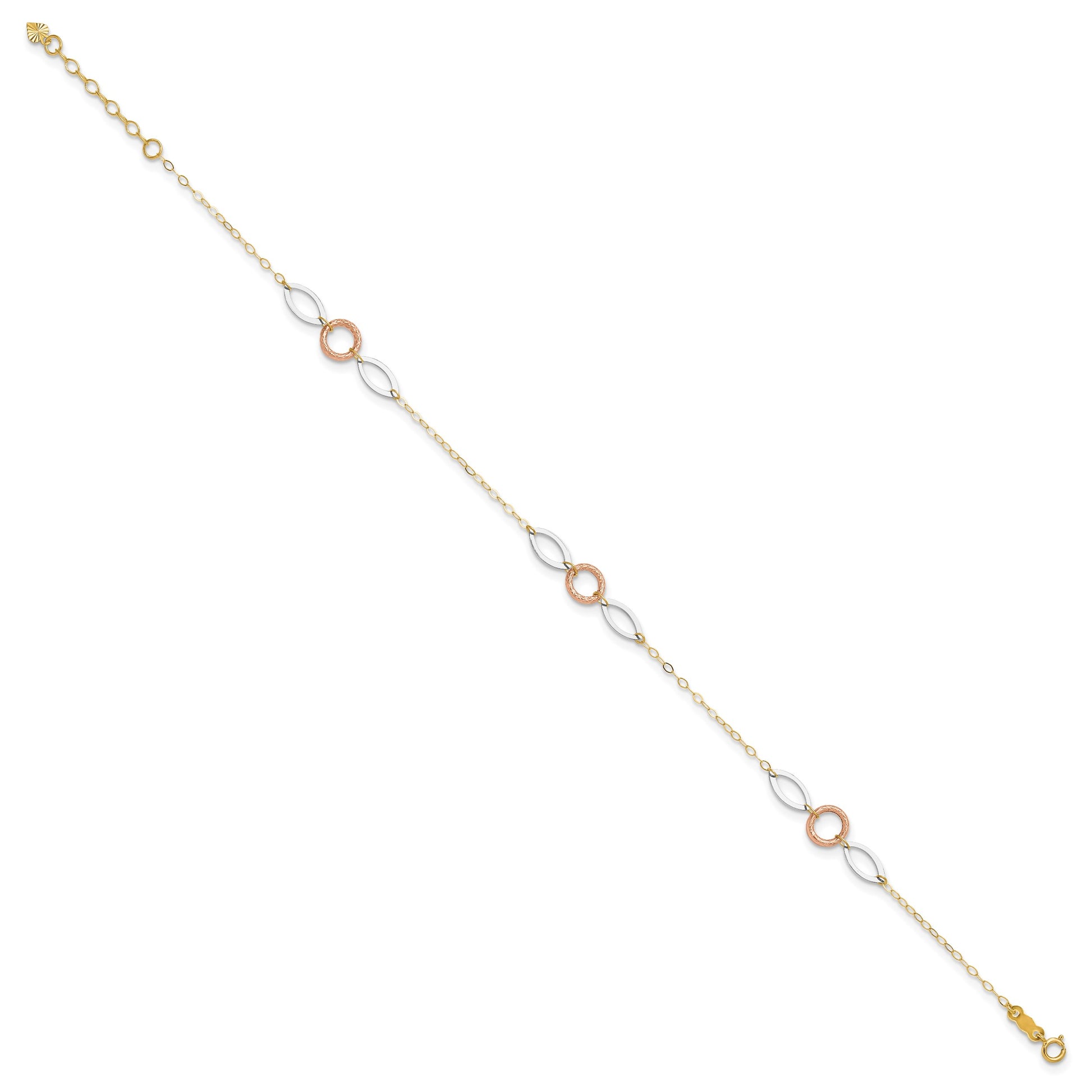14k Tri-color Circle and Oval 3-Station 9 inch Plus 1 inch Extender - Total 10 inch Anklet