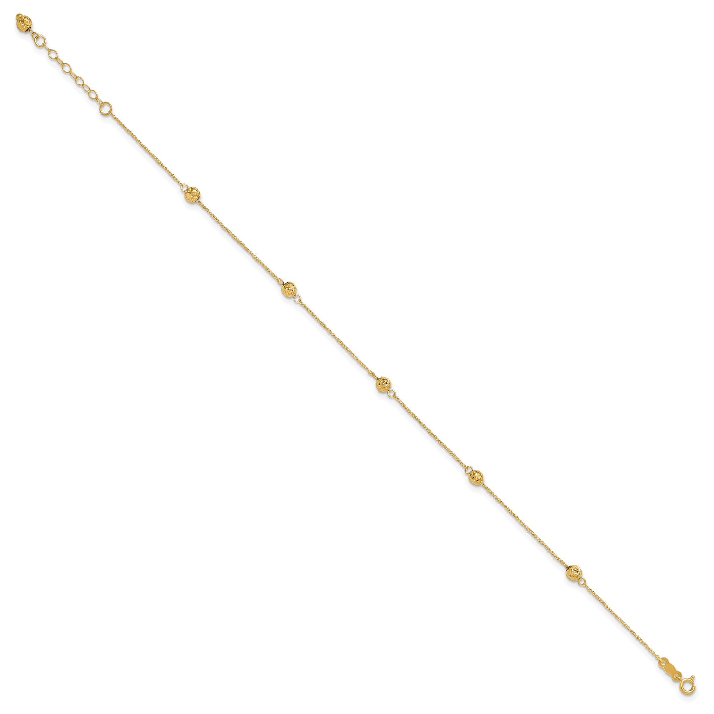 14k Diamond-cut Beads 5-Station 9 inch Plus 1 inch Bead Dangle Extender - Total 10 inch Anklet