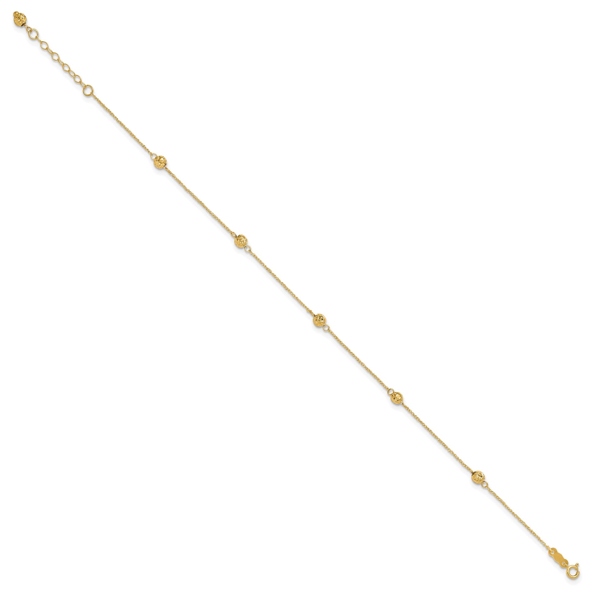 14k Diamond-cut Beads 5-Station 9 inch Plus 1 inch Bead Dangle Extender - Total 10 inch Anklet