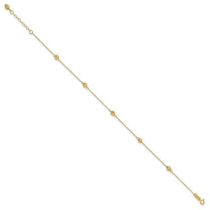 14k Diamond-cut Beads 5-Station 9 inch Plus 1 inch Bead Dangle Extender - Total 10 inch Anklet