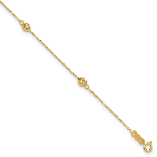 14k Diamond-cut Beads 5-Station 9 inch Plus 1 inch Bead Dangle Extender - Total 10 inch Anklet
