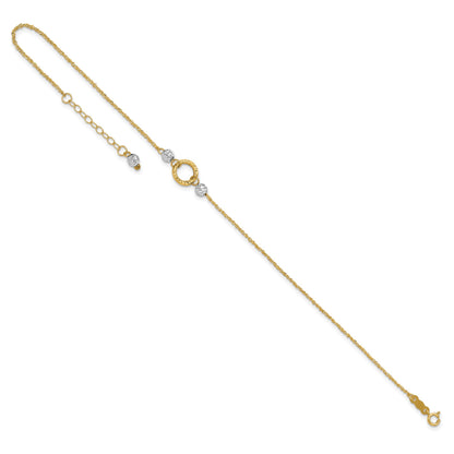 14k Two-tone Circle and Diamond-cut Beads 9 inch Plus 1 inch Bead Dangle Extender - Total 10 inch Anklet