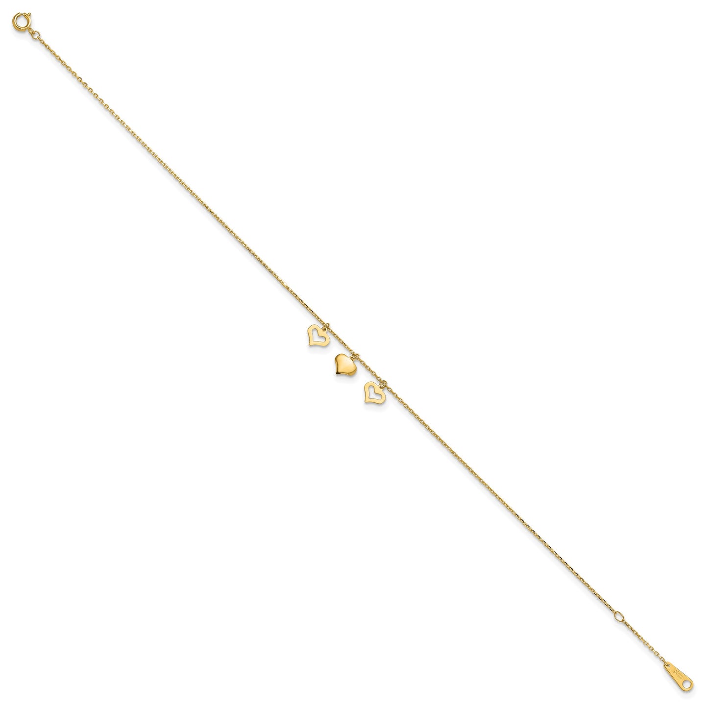 14k Three Heart Dangles 10 inch Plus 1 inch Extender - Total 11 inch Anklet