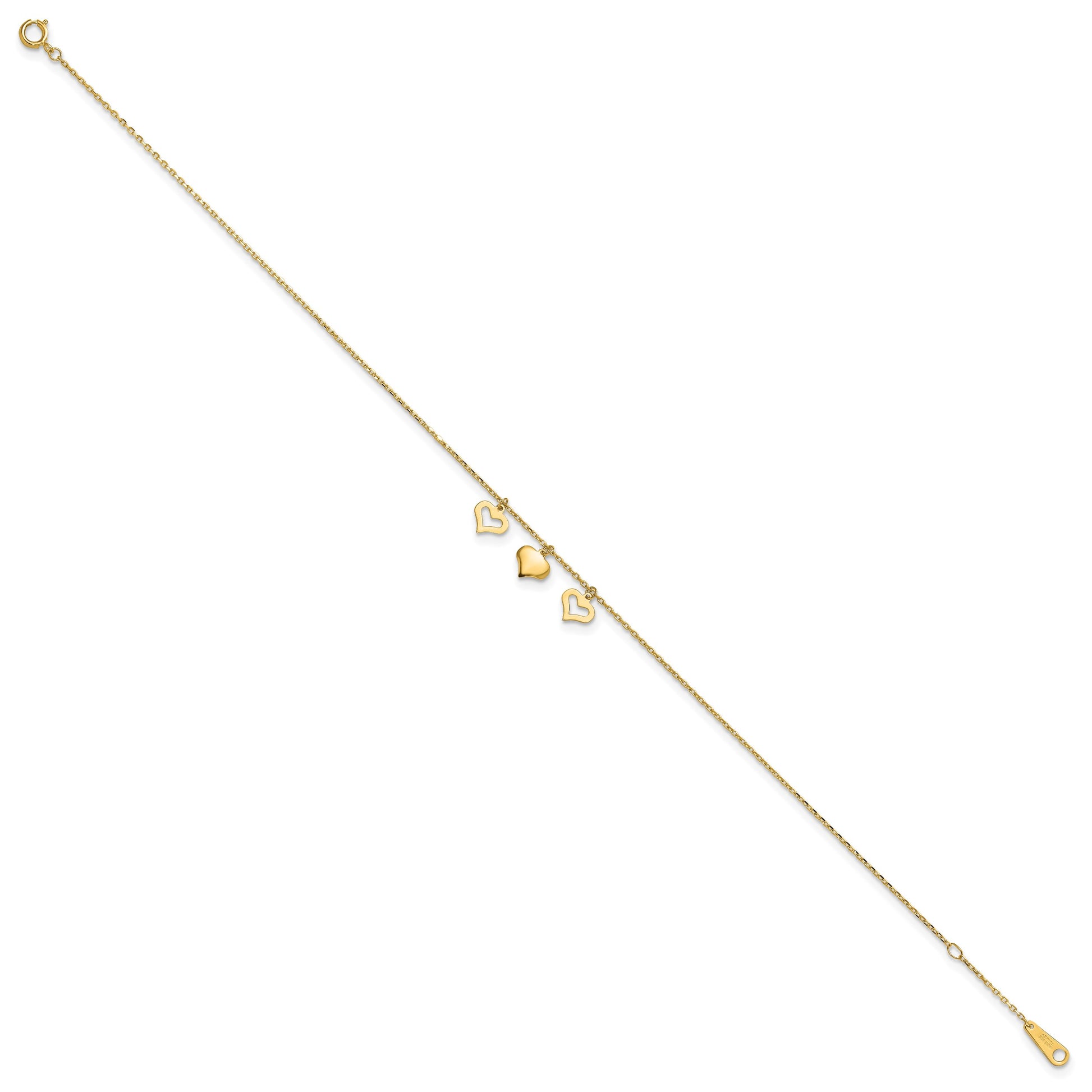 14k Three Heart Dangles 10 inch Plus 1 inch Extender - Total 11 inch Anklet
