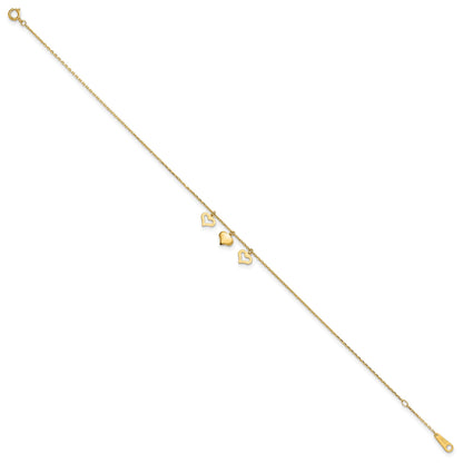 14k Three Heart Dangles 10 inch Plus 1 inch Extender - Total 11 inch Anklet