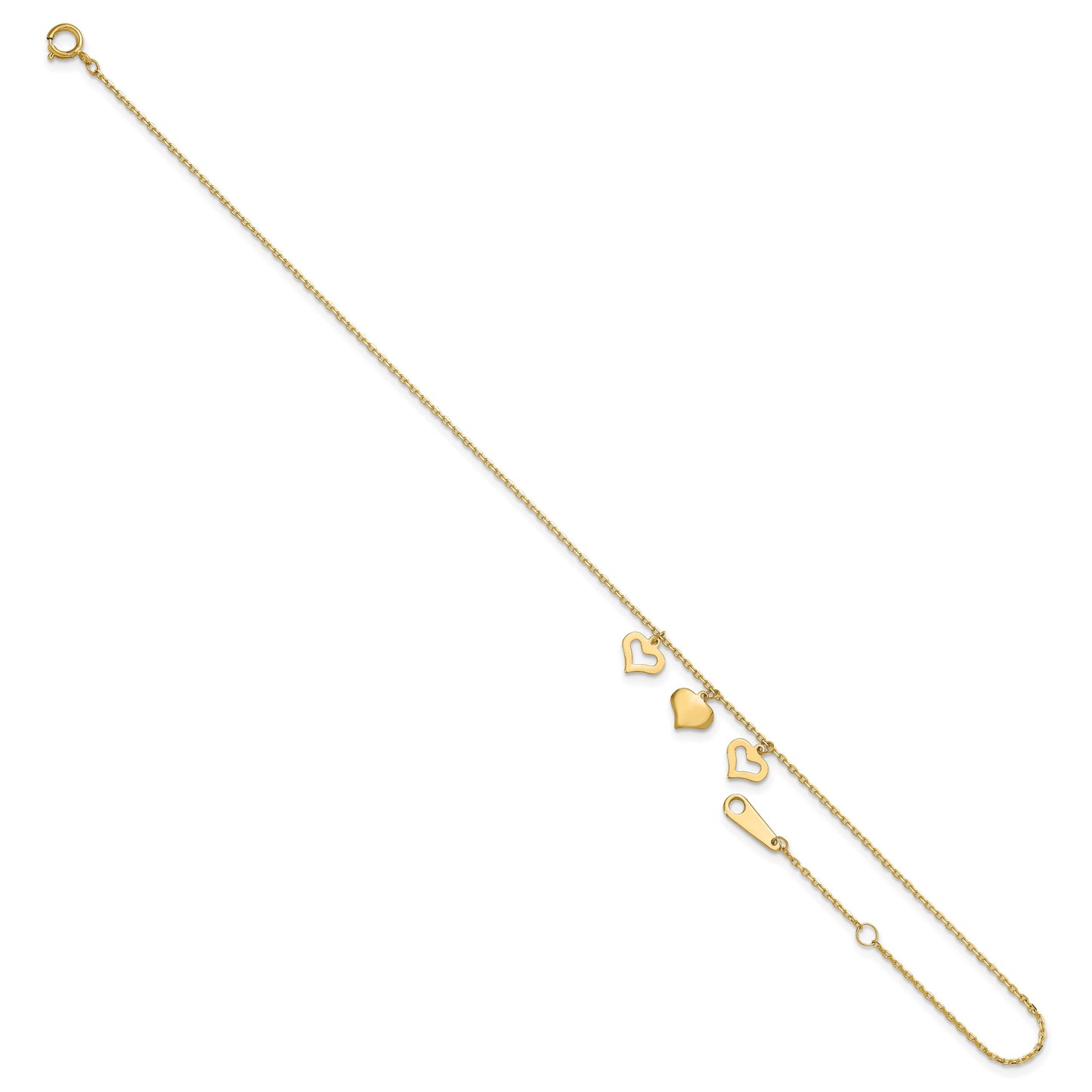 14k Three Heart Dangles 10 inch Plus 1 inch Extender - Total 11 inch Anklet