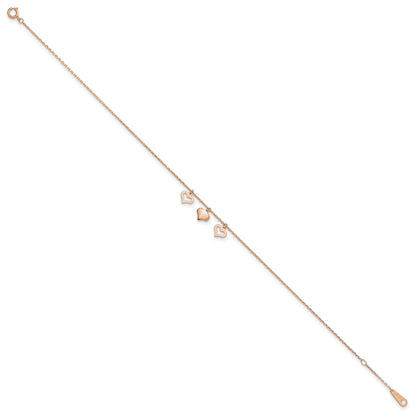 14k Rose Gold 3 Heart Dangles 9 inch Plus 1 inch Extender - Total 10 inch Anklet