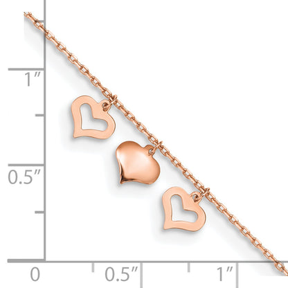 14k Rose Gold 3 Heart Dangles 9 inch Plus 1 inch Extender - Total 10 inch Anklet