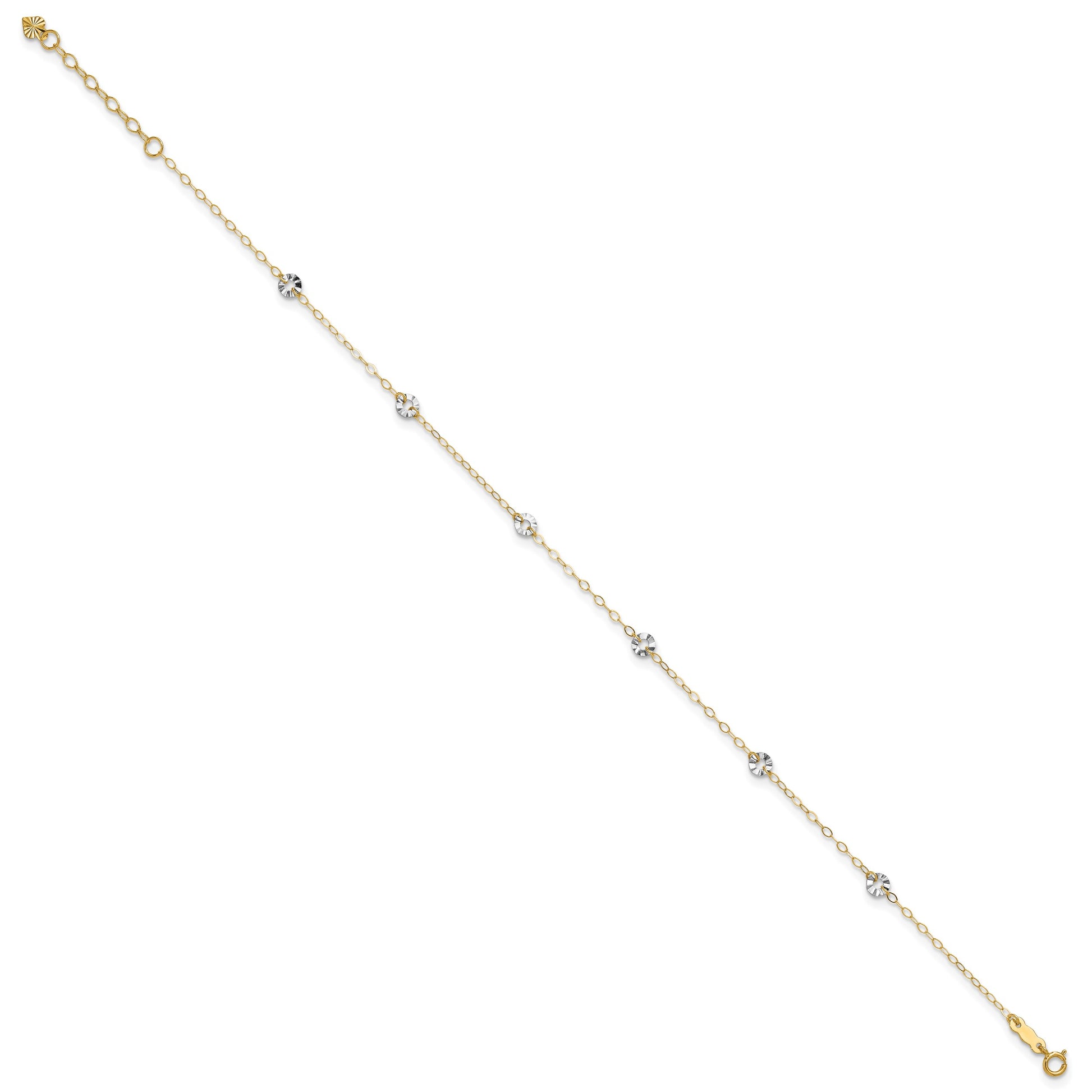 14K Two-tone Chain and Wavy Circles 6-Station 9 inch Plus 1 inch Extender - Total 10 inch Anklet