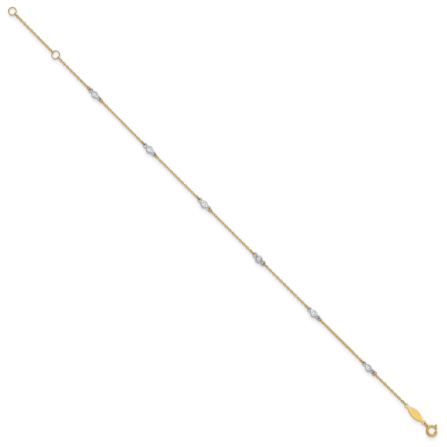 14k Two-tone Bezel-set CZ 6-Station 9 inch Plus 1 inch Extender - Total 10 inch Anklet