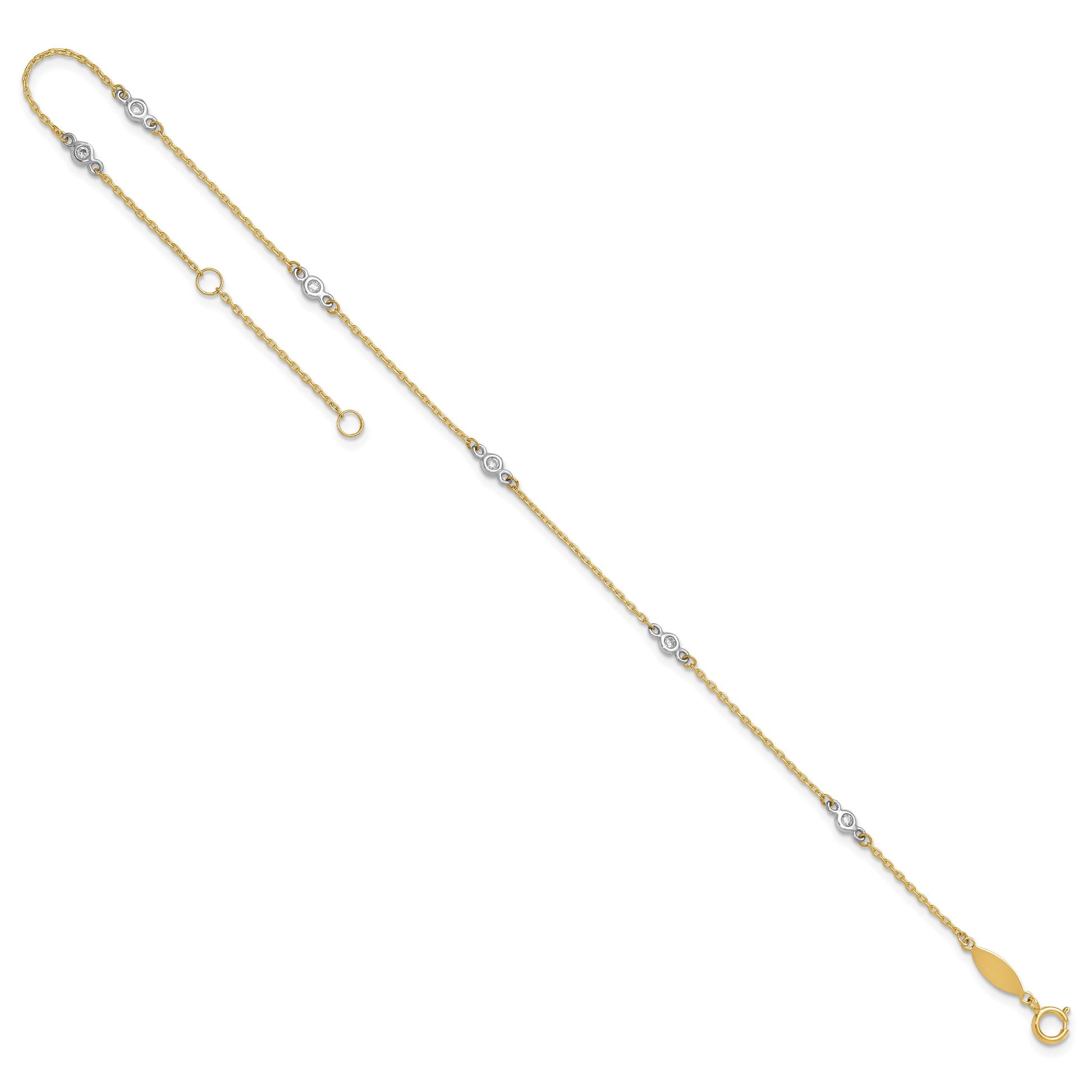 14k Two-tone Bezel-set CZ 6-Station 9 inch Plus 1 inch Extender - Total 10 inch Anklet