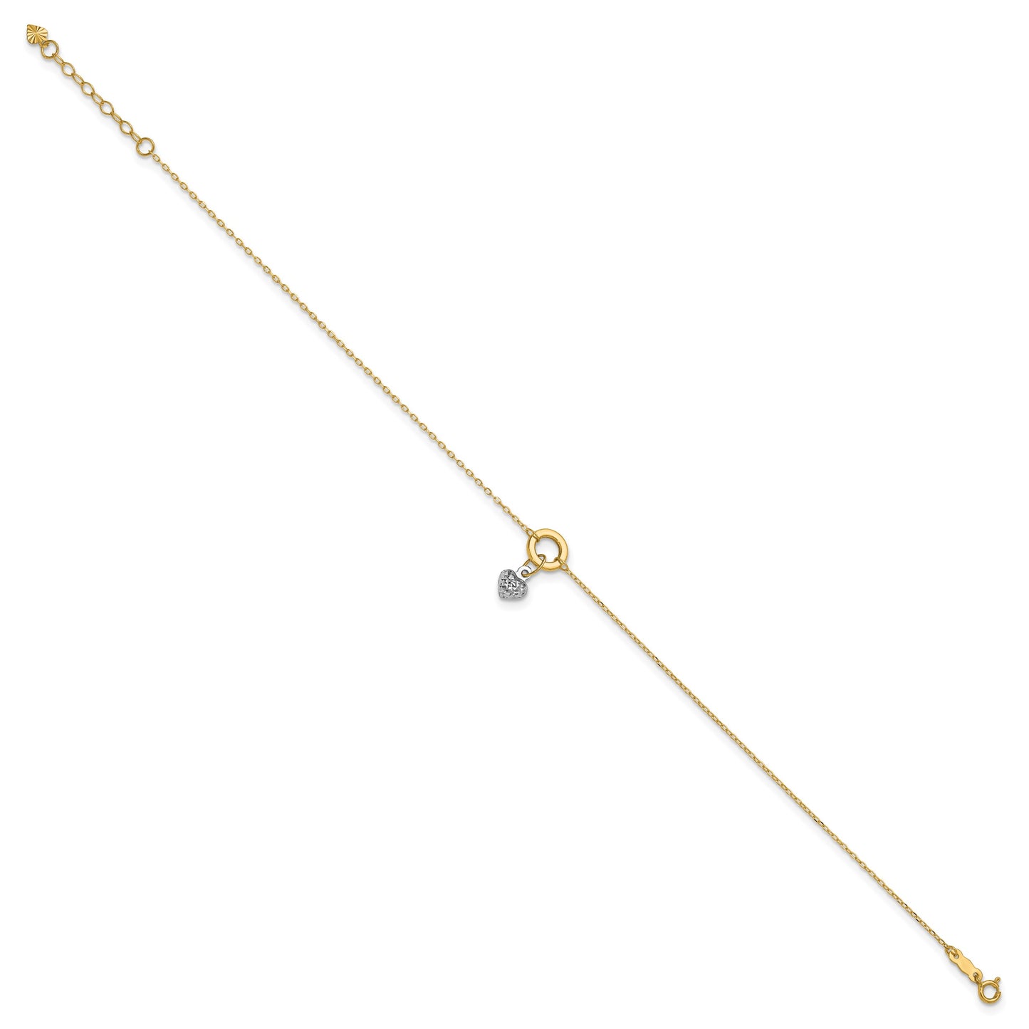 14K Two-tone Circle with Diamond-cut Puffed Heart Dangle 9 inch Plus 1 inch Extender - Total 10 inch Anklet