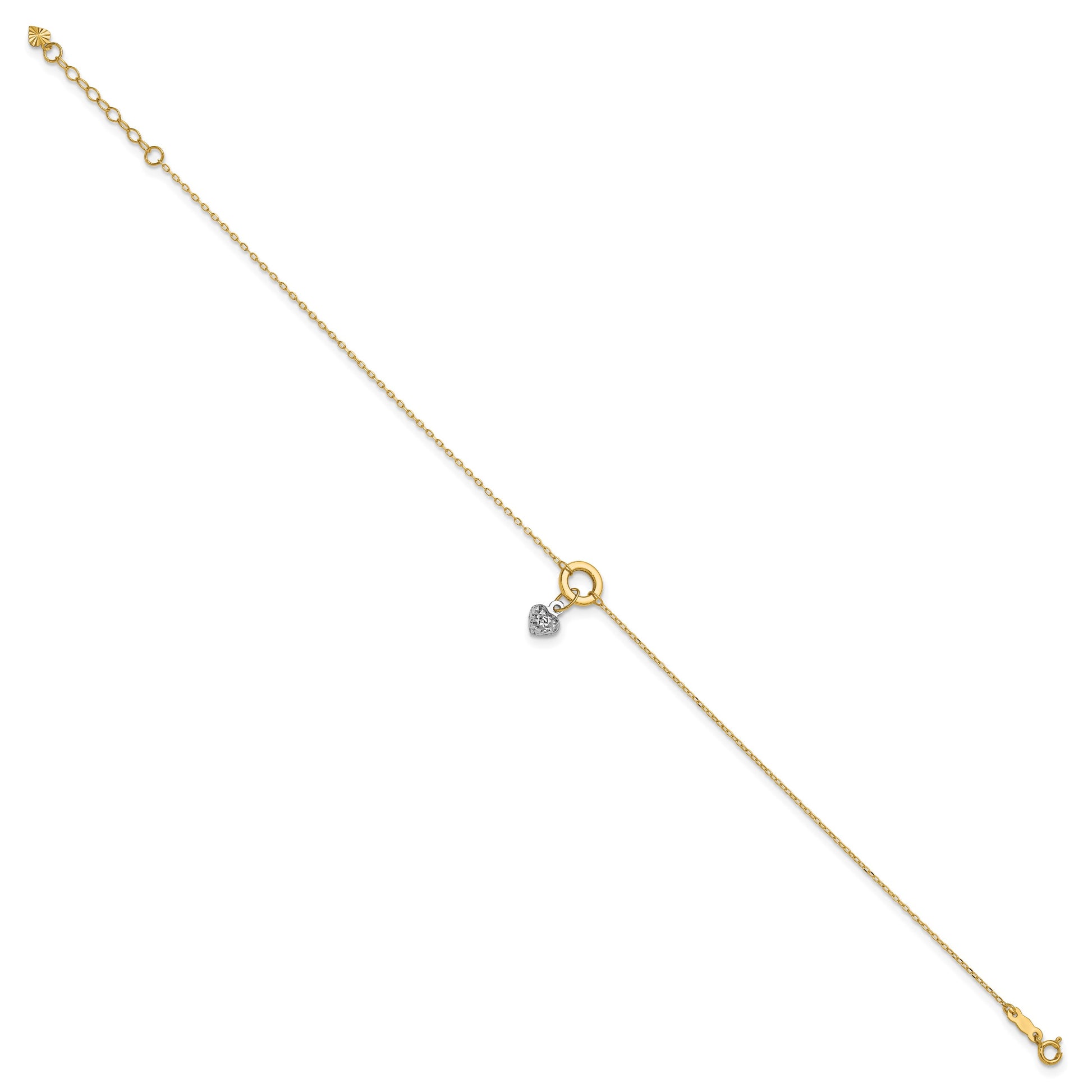 14K Two-tone Circle with Diamond-cut Puffed Heart Dangle 9 inch Plus 1 inch Extender - Total 10 inch Anklet