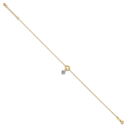 14K Two-tone Circle with Diamond-cut Puffed Heart Dangle 9 inch Plus 1 inch Extender - Total 10 inch Anklet