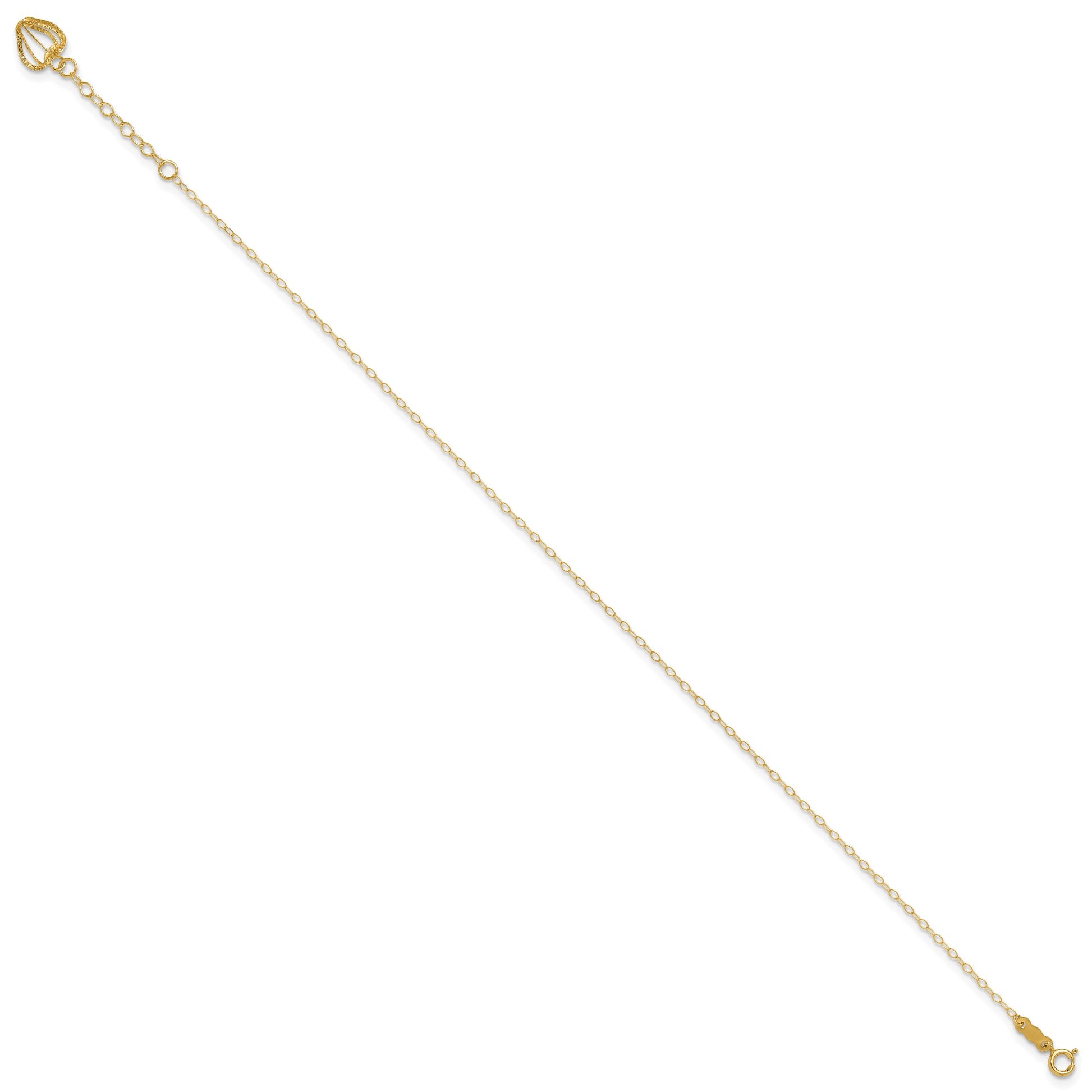 14K Cable Chain with Diamond-cut Heart Cage Dangle 10 inch Plus 1 inch Extender - Total 11 inch Anklet