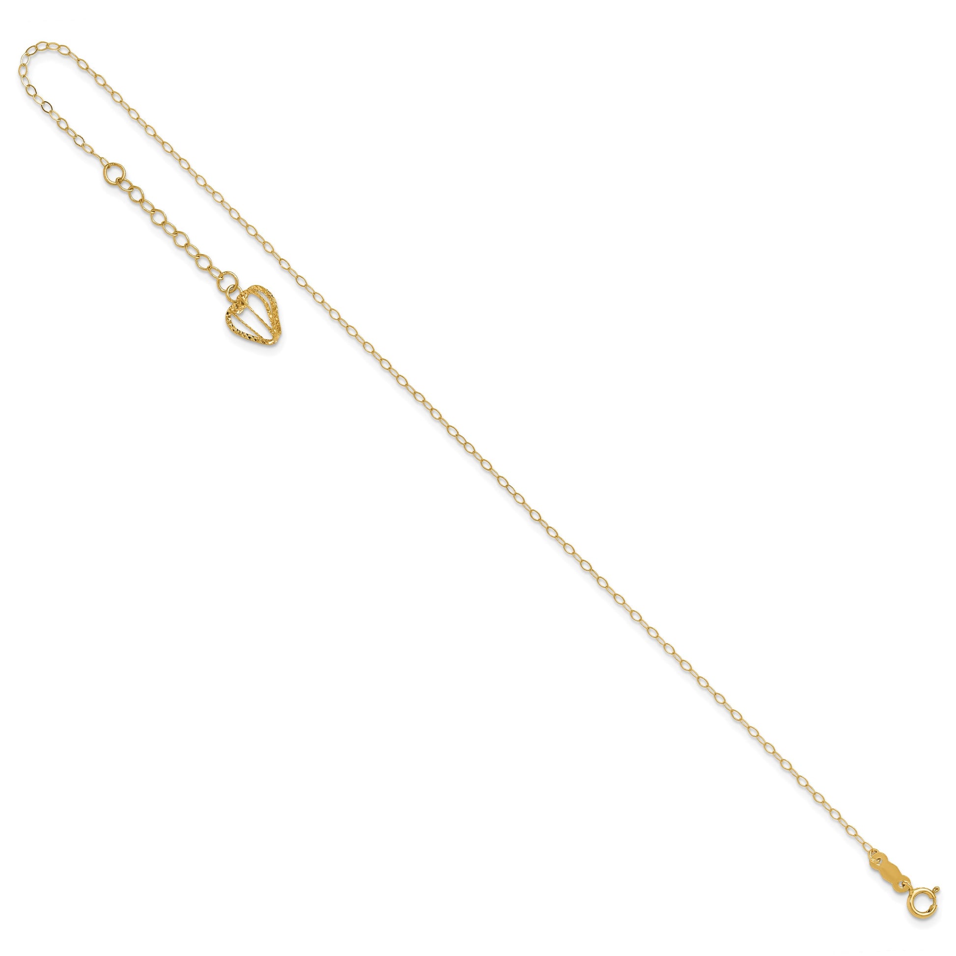 14K Cable Chain with Diamond-cut Heart Cage Dangle 10 inch Plus 1 inch Extender - Total 11 inch Anklet