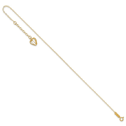 14K Cable Chain with Diamond-cut Heart Cage Dangle 10 inch Plus 1 inch Extender - Total 11 inch Anklet