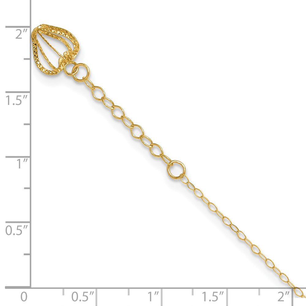 14K Oval Link Chain with Diamond-cut Heart Cage 9in Plus 1in Ext Anklet