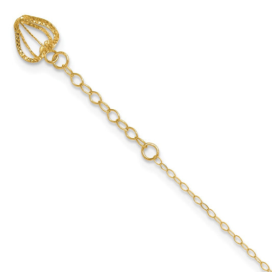 14K Oval Link Chain with Diamond-cut Heart Cage 9in Plus 1in Ext Anklet