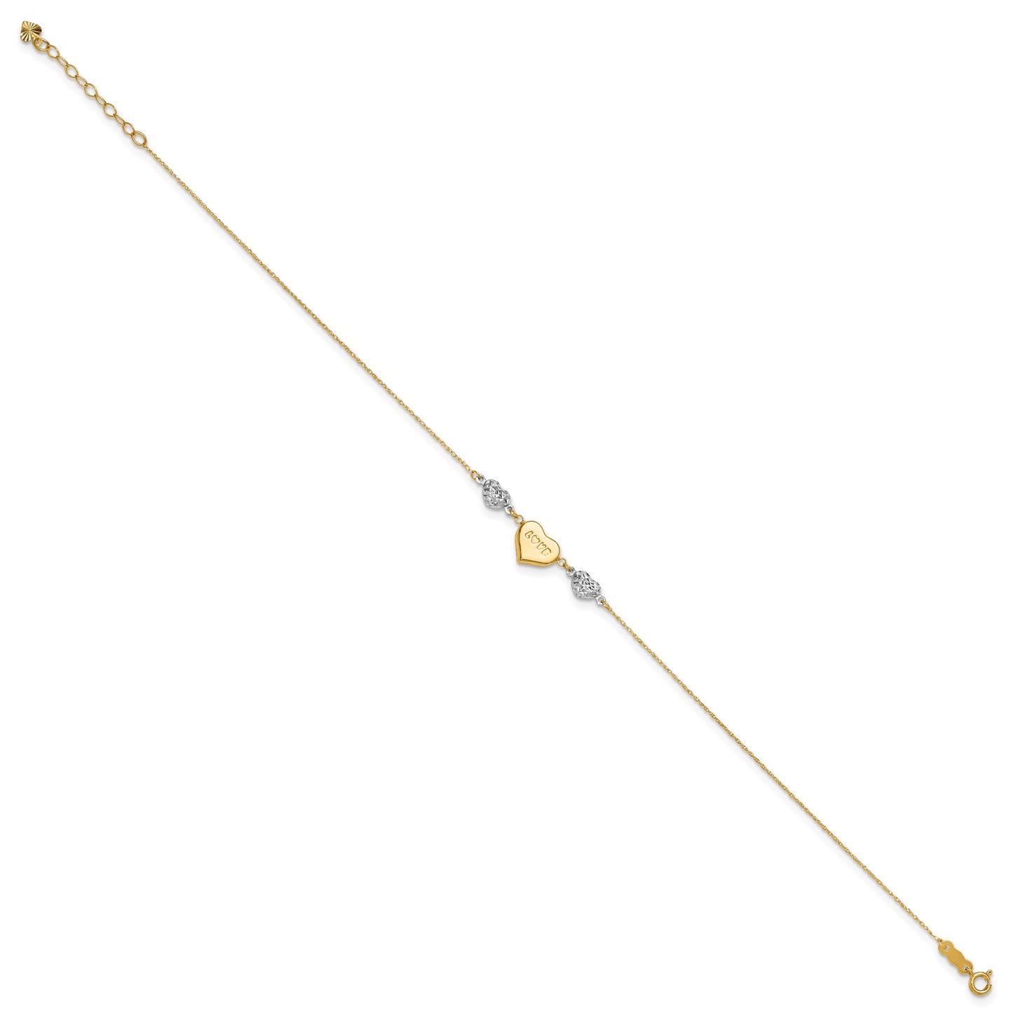 14K Two-tone Diamond-cut and LOVE Puffed Heart 10 inch Plus 1 inch Extender - Total 11 inch Anklet