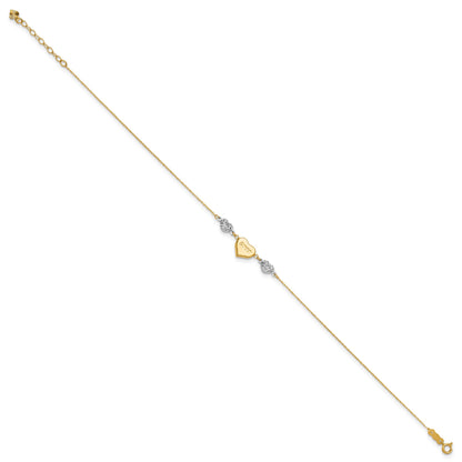14K Two-tone Diamond-cut and LOVE Puffed Heart 10 inch Plus 1 inch Extender - Total 11 inch Anklet