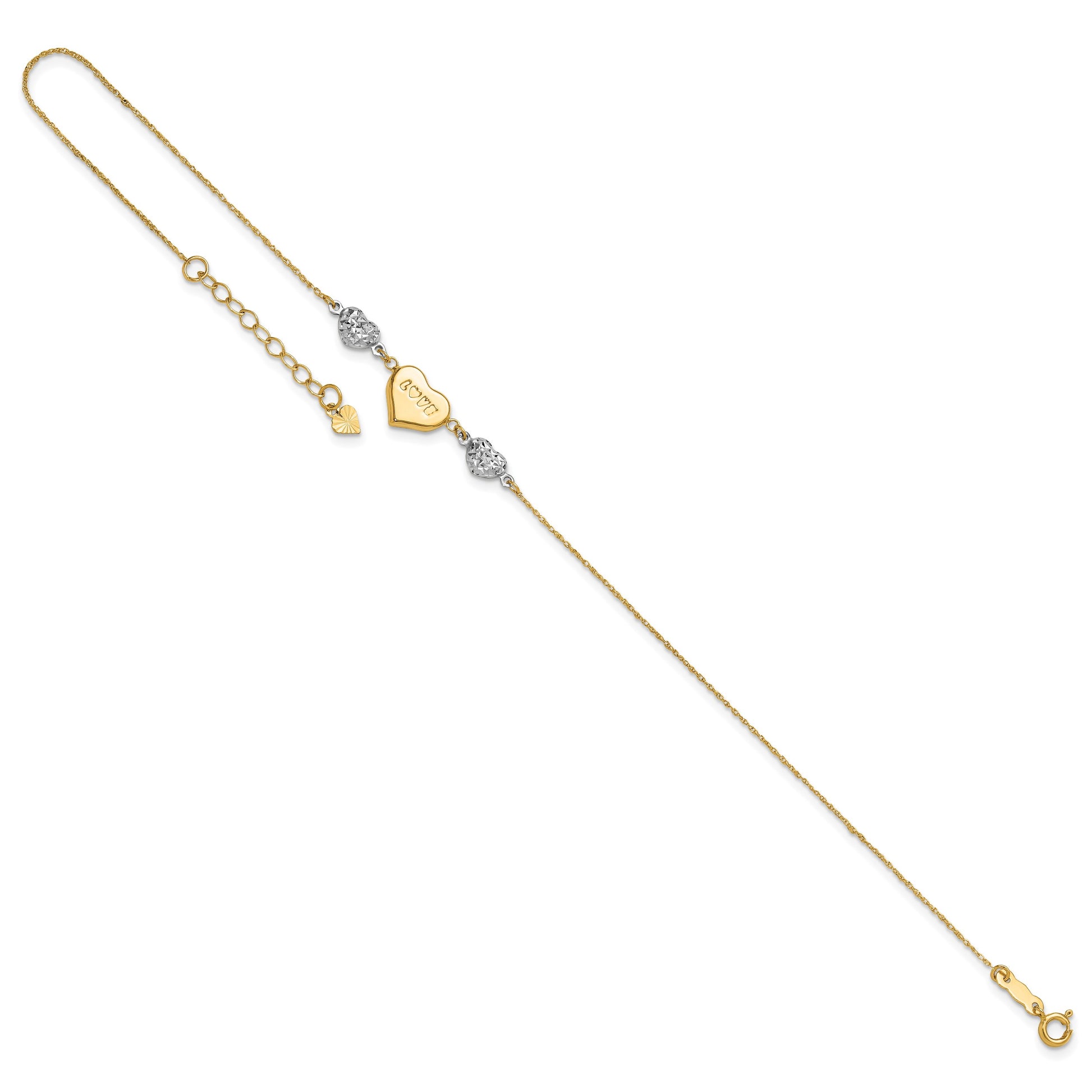 14K Two-tone Diamond-cut and LOVE Puffed Heart 10 inch Plus 1 inch Extender - Total 11 inch Anklet