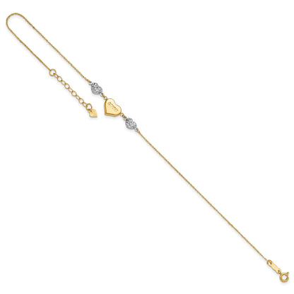 14K Two-tone Diamond-cut and LOVE Puffed Heart 10 inch Plus 1 inch Extender - Total 11 inch Anklet