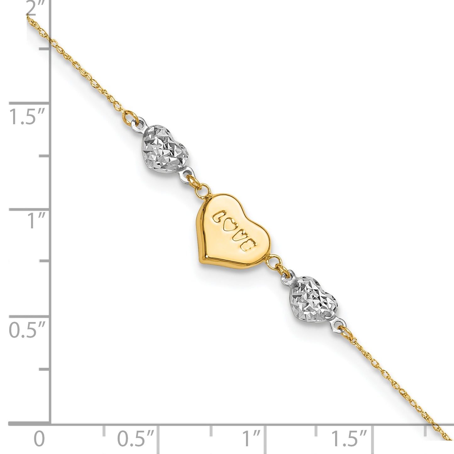 14K Two-tone Diamond-cut and LOVE Puffed Heart 9 inch Plus 1 inch Extender - Total 10 inch Anklet