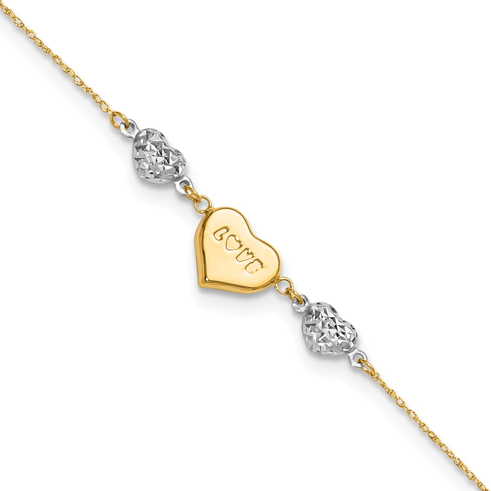 14K Two-tone Diamond-cut and LOVE Puffed Heart 10 inch Plus 1 inch Extender - Total 11 inch Anklet