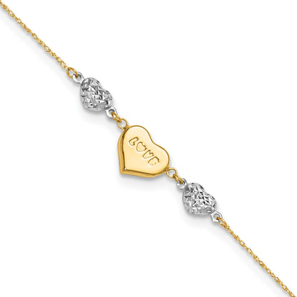 14K Two-tone Diamond-cut and LOVE Puffed Heart 10 inch Plus 1 inch Extender - Total 11 inch Anklet