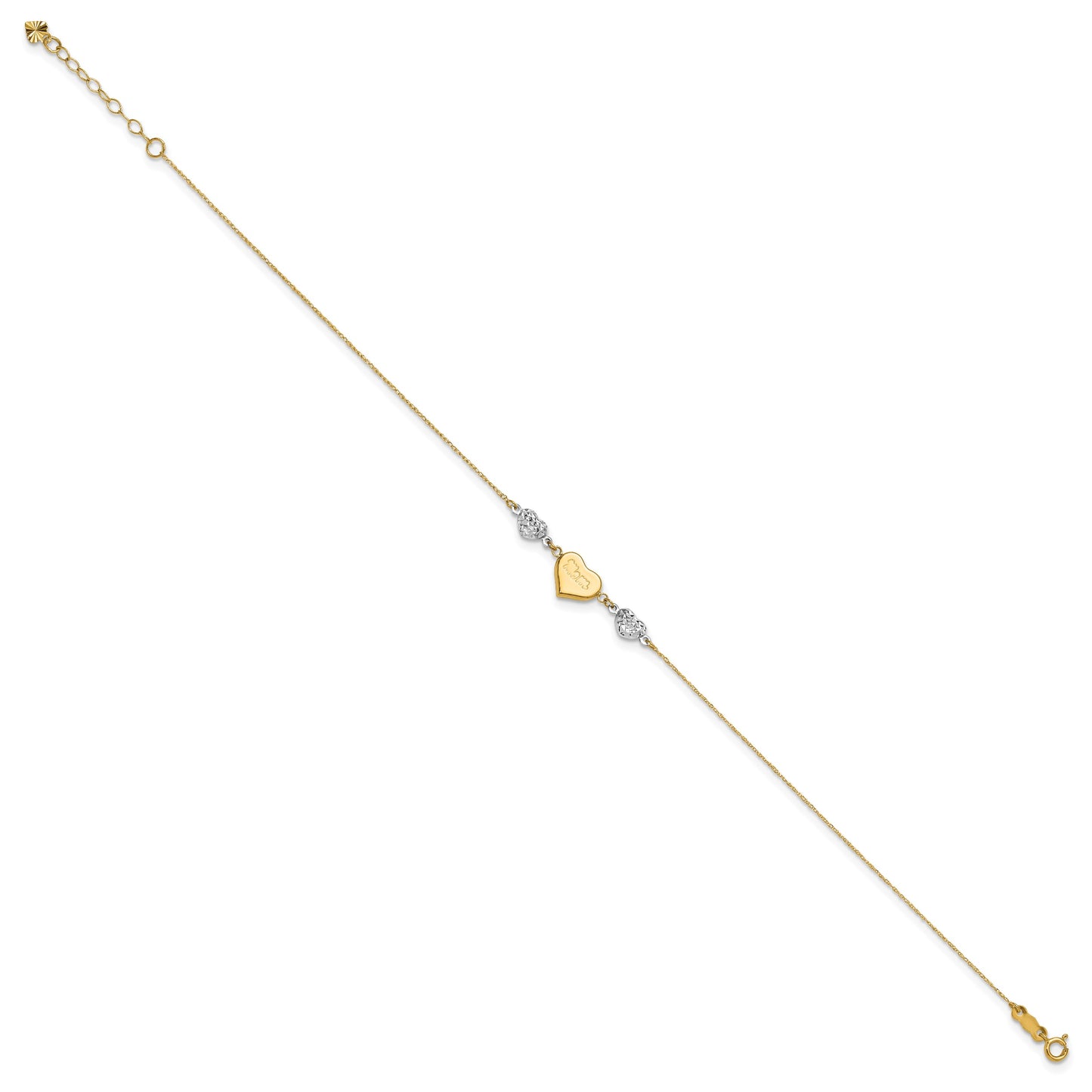14K Two-tone Diamond-cut and MOM Puffed Heart 10 inch Plus 1 inch Extender - Total 11 inch Anklet