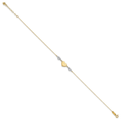 14K Two-tone Diamond-cut and MOM Puffed Heart 10 inch Plus 1 inch Extender - Total 11 inch Anklet