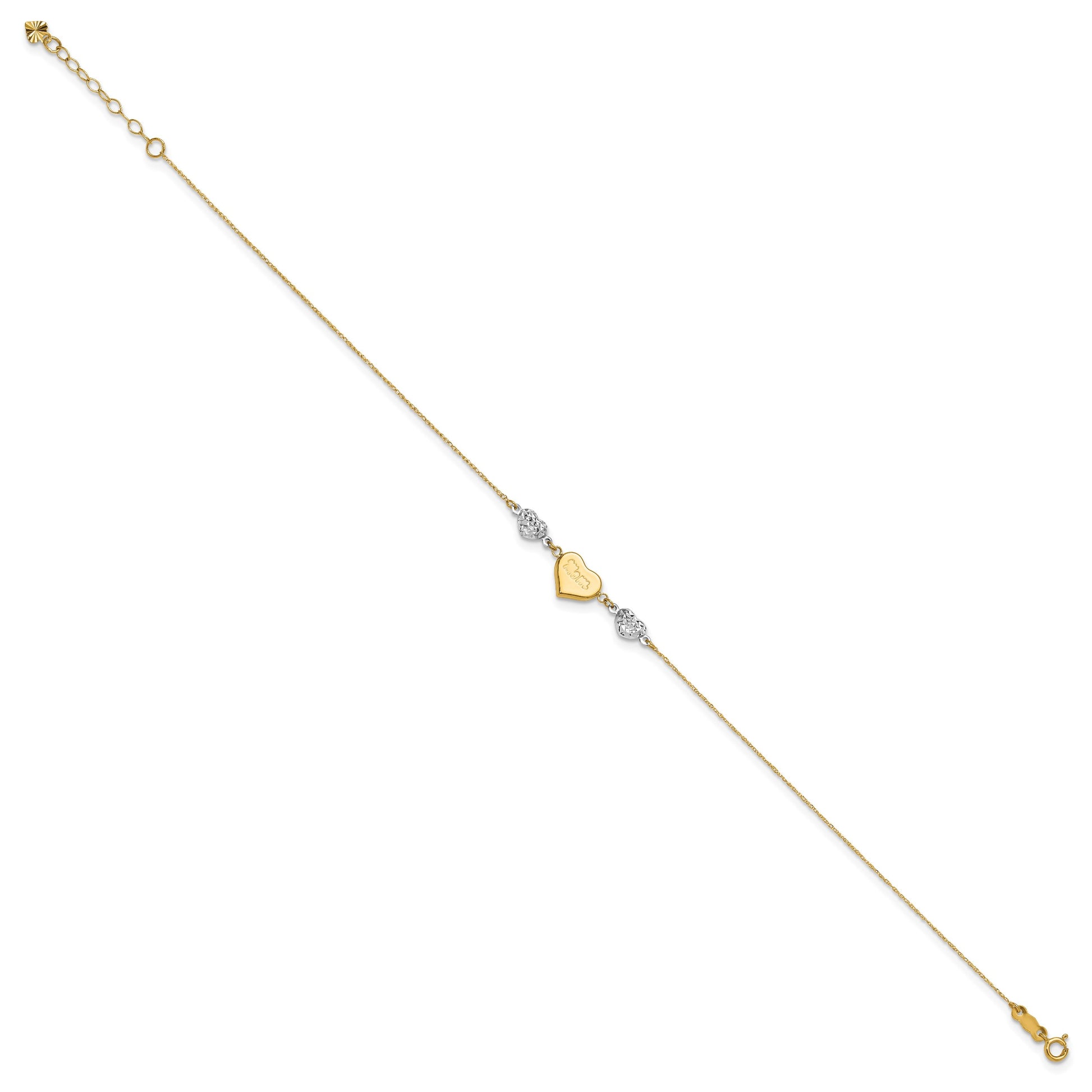 14K Two-tone Diamond-cut and MOM Puffed Heart 9 inch Plus 1 inch Extender - Total 10 inch Anklet