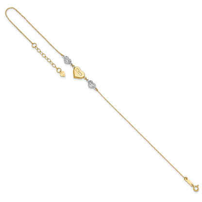 14K Two-tone Diamond-cut and MOM Puffed Heart 10 inch Plus 1 inch Extender - Total 11 inch Anklet