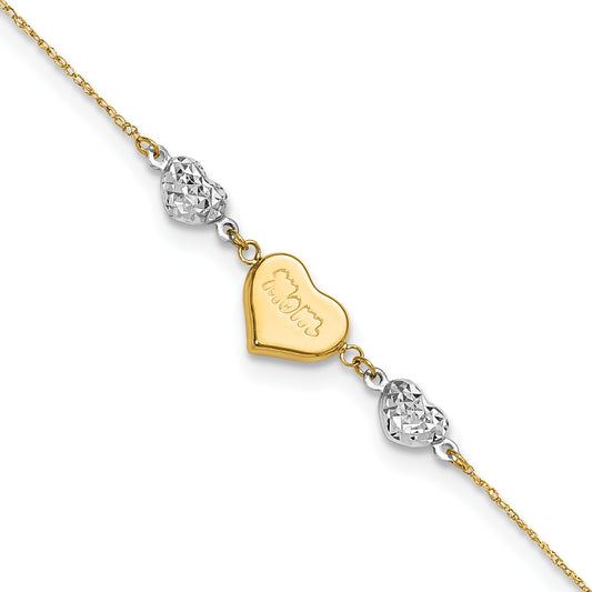 14K Two-tone Diamond-cut and MOM Puffed Heart 10 inch Plus 1 inch Extender - Total 11 inch Anklet