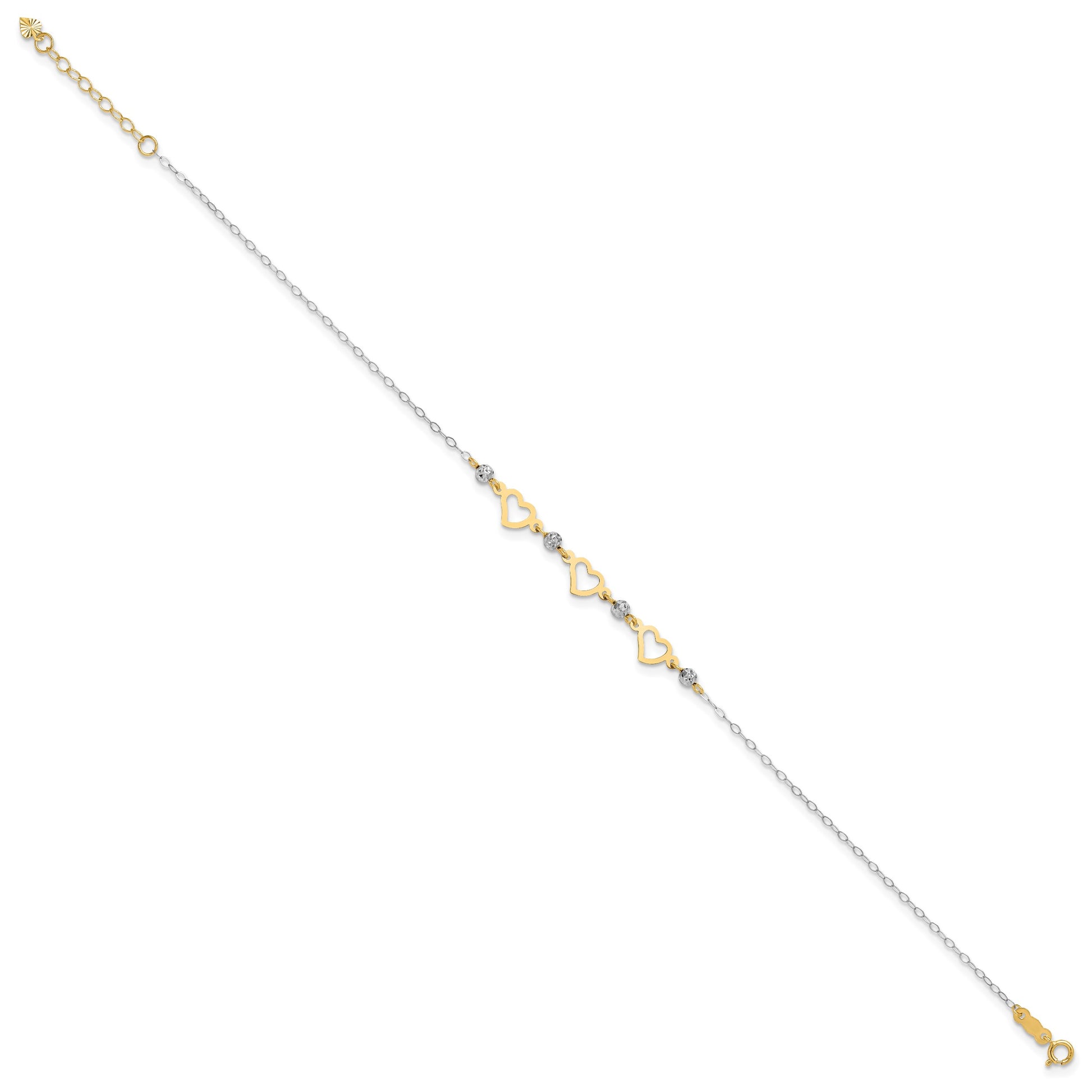 14K Two-tone Three Hearts and Diamond-cut Beads 9 inch Plus 1 inch Extender - Total 10 inch Anklet