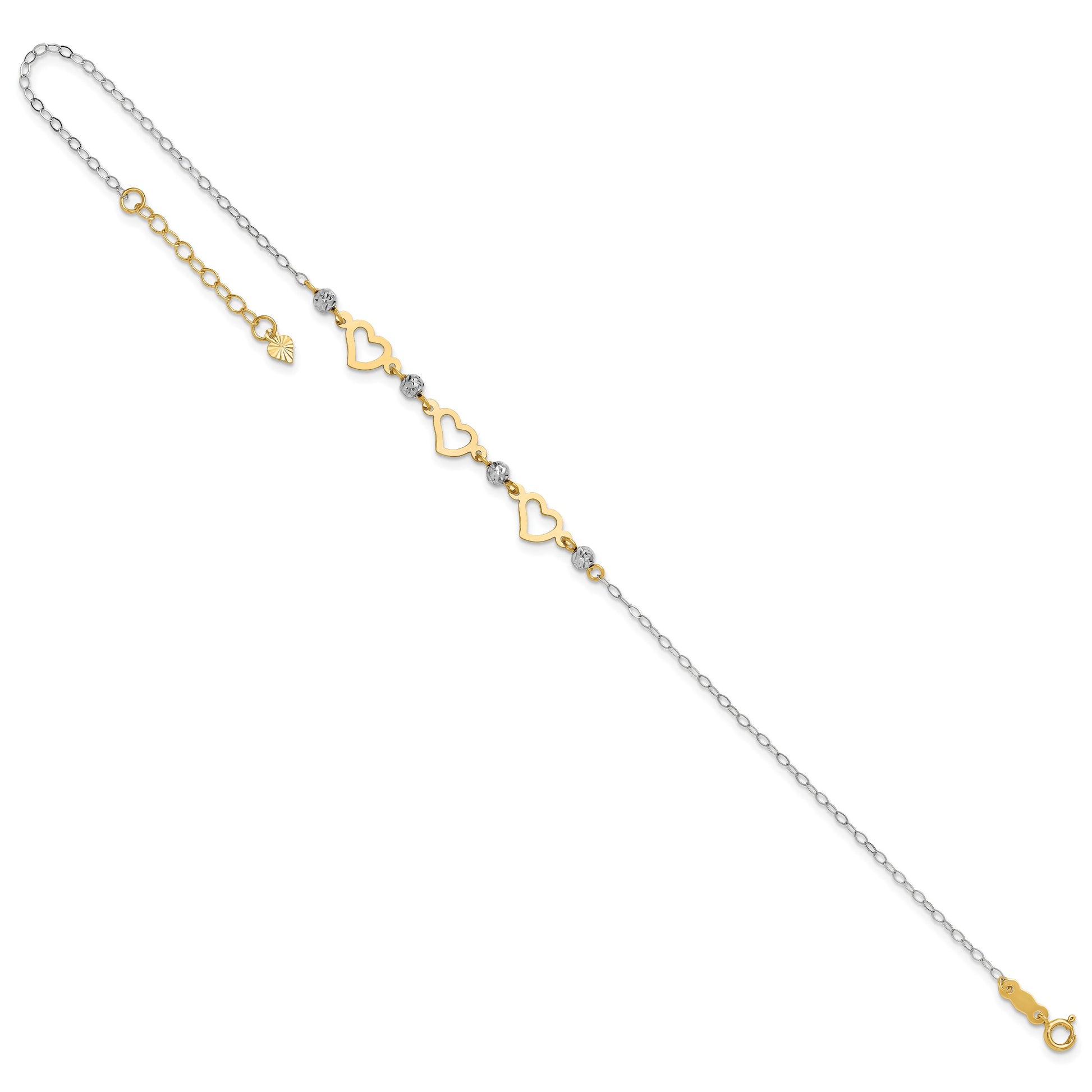 14K Two-tone Three Hearts and Diamond-cut Beads 10 inch Plus 1 inch Extender - Total 11 inch Anklet